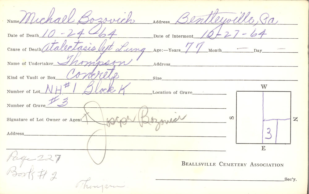 Michael Bozovich burial card